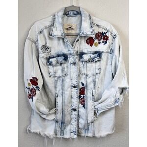 Hollister Womens Denim Jacket M Acid Wash Distressed Floral Embroidered Boho Y2K
